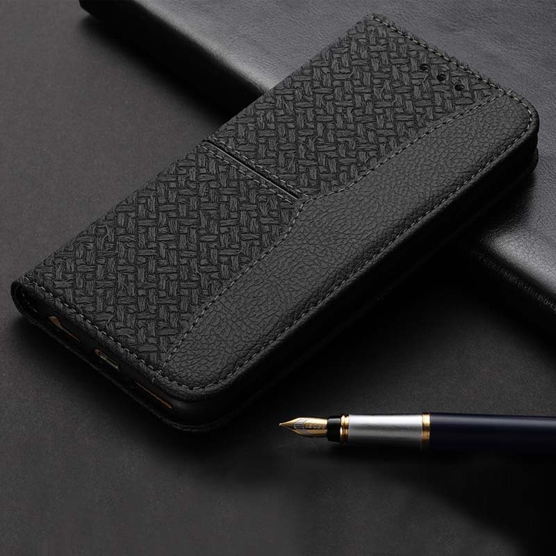 Woven Leather Texture Flip Cover Card Holder